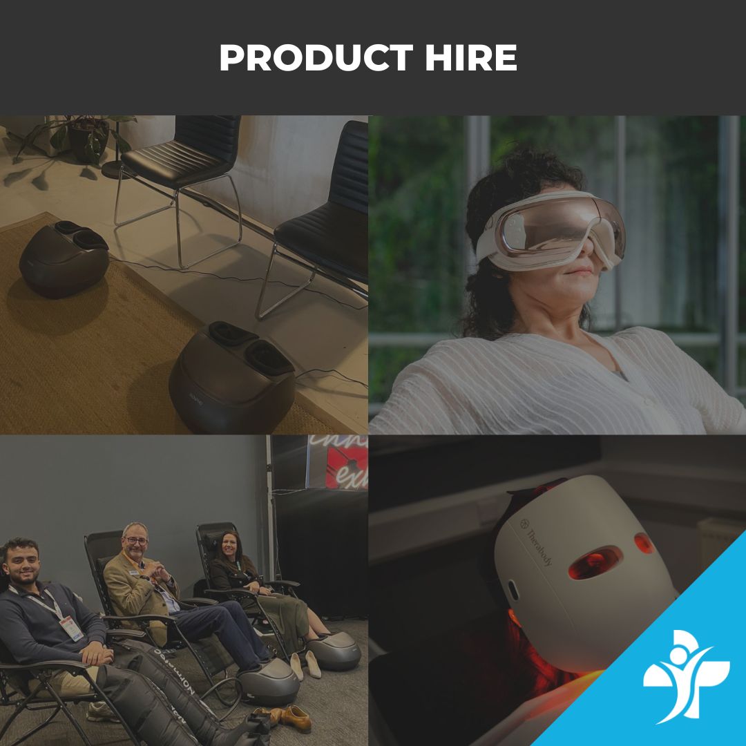 Product hire collage: VR headset user, foot massagers, group of people in reclining chairs, and a handheld device with a blue logo in the corner.