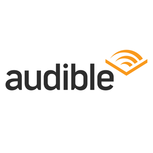 Audible logo: black lowercase wordmark with an orange open-book/ear symbol to the right