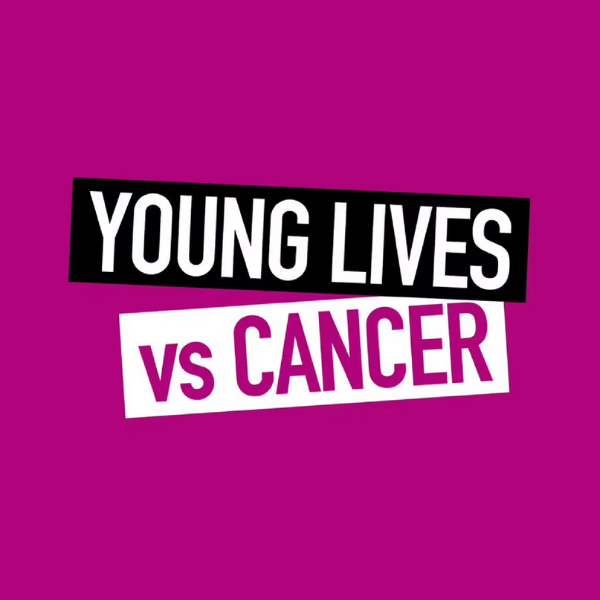 Graphic banner reading 'Young Lives vs Cancer' on a bright magenta background, used for a cancer charity campaign.