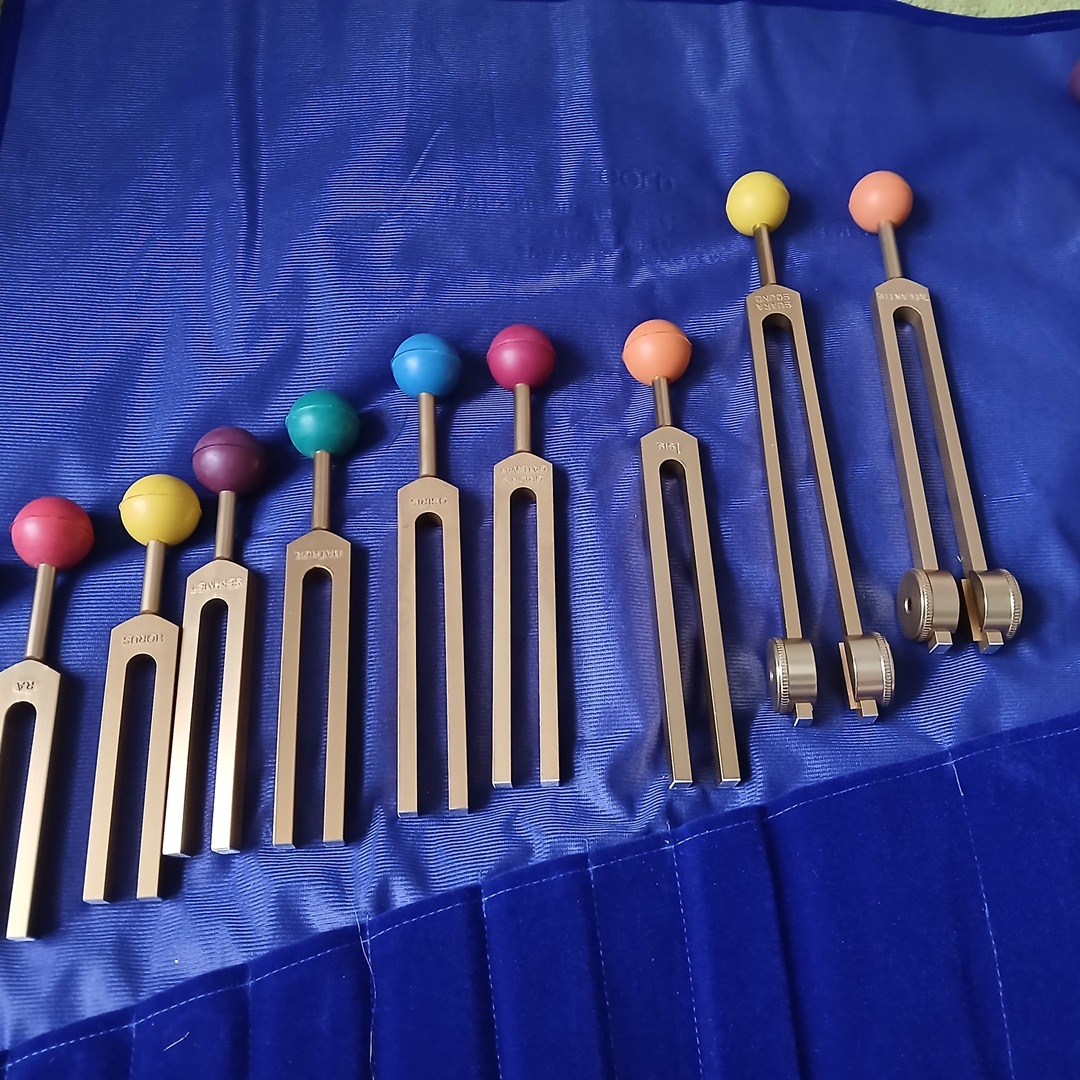 Set of metal gauge bars with colored ball tops, arranged left to right by increasing size on a blue fabric background.