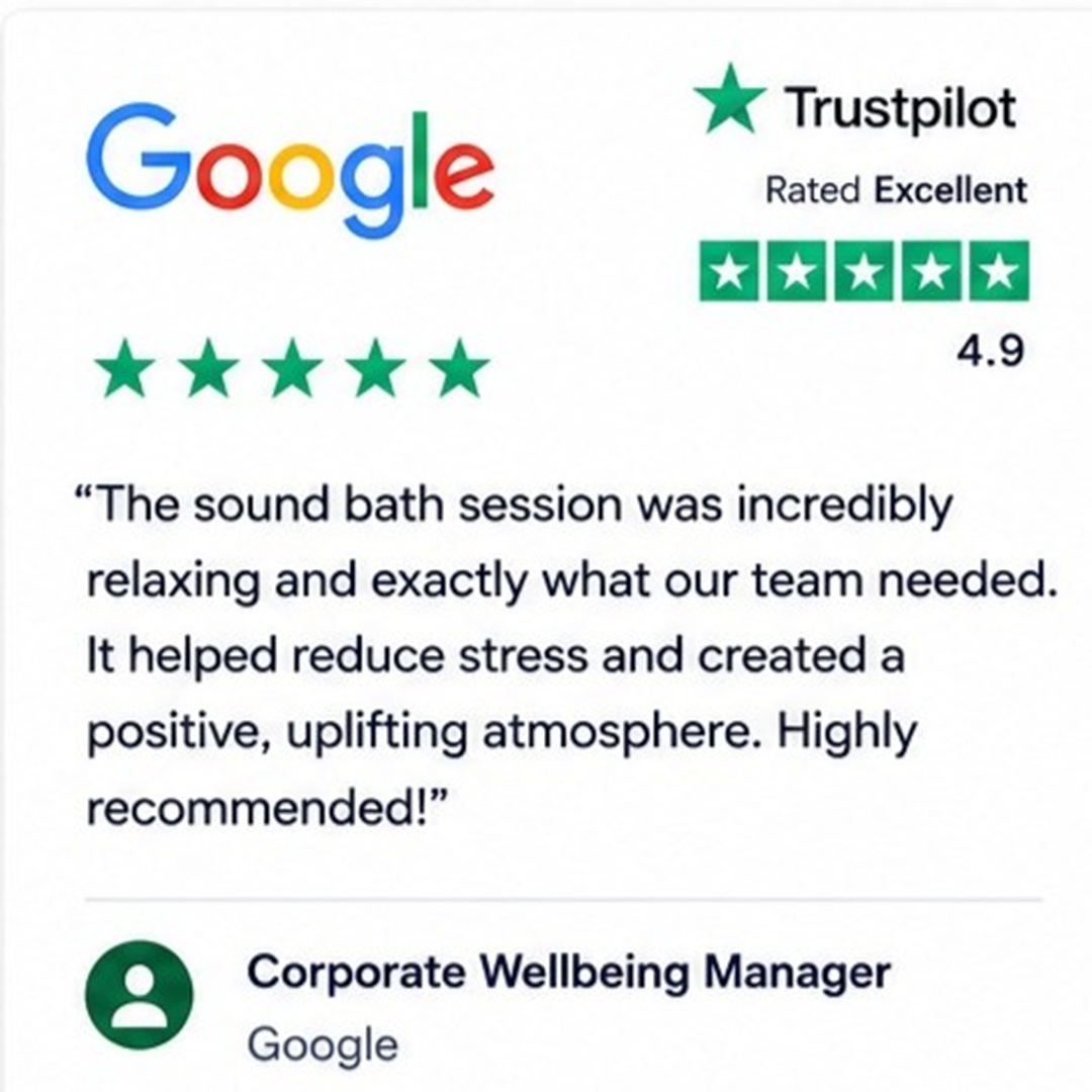 Google logo with Trustpilot rating and a 5-star review; quote praising a sound bath session for wellbeing.