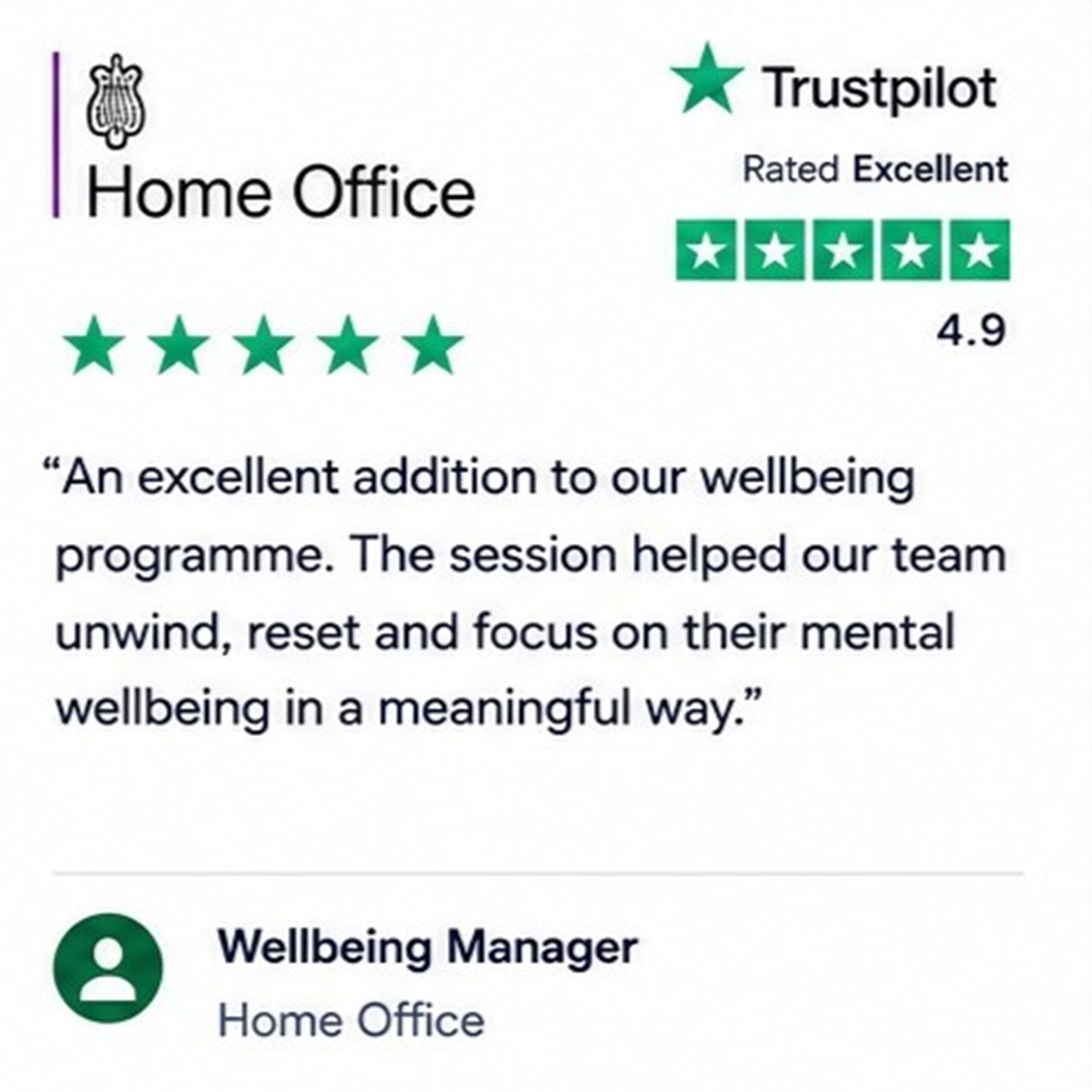 Trustpilot rating badge showing 'Rated Excellent' with five green stars and a 4.9 beside 'Home Office'.