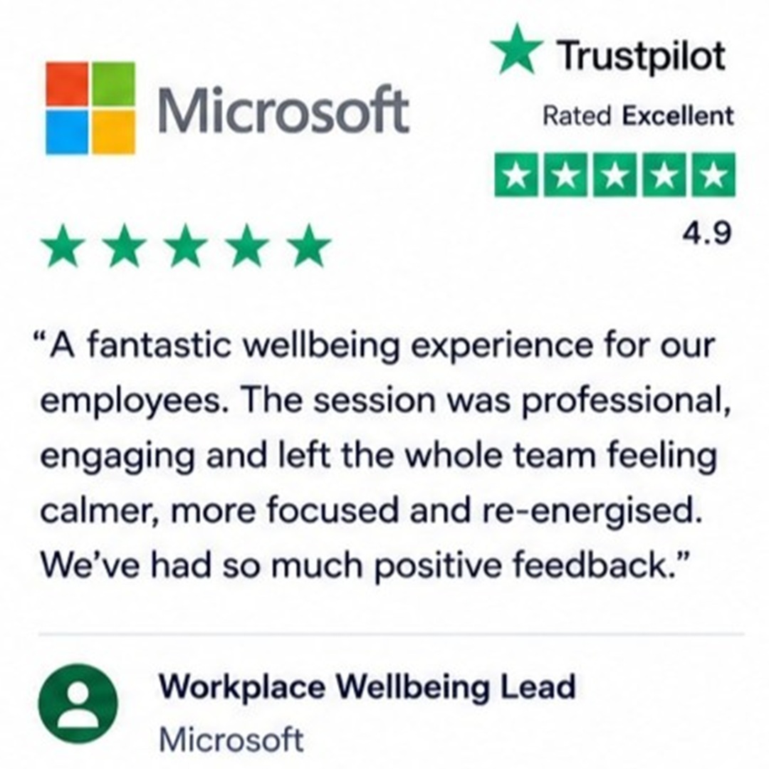 Microsoft logo with Trustpilot rating (4.9) and five green stars, plus a wellbeing testimonial quote above the Microsoft label.