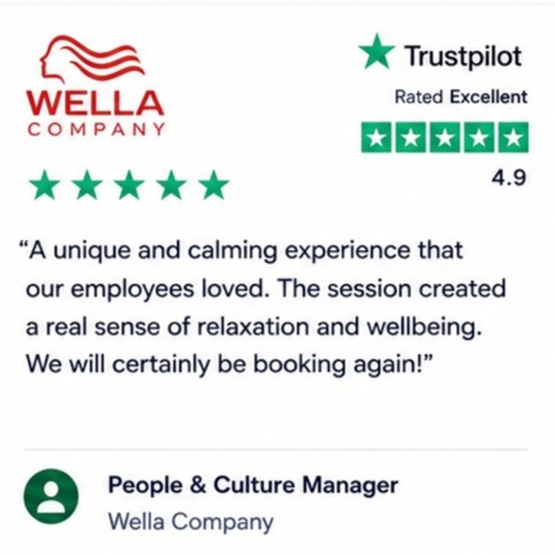 Wella Company testimonial showing Trustpilot 4.9 rating with green stars and a quote about a unique, calming employee experience.